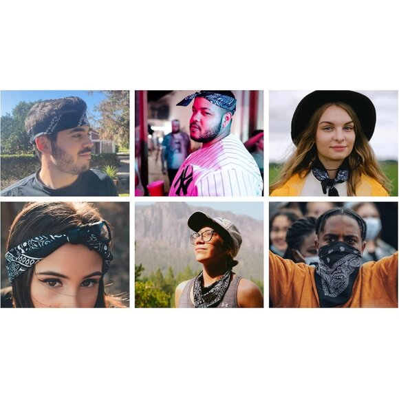 Women's Black Cotton Bandana Large Cowgirl Imported Handkerchief Headband Scarf - Picture 4 of 7